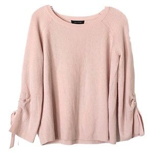 Ann Taylor Wool Blend Ribbon Tie Sleeve Cozy Ribbed Knit Sweater In Peach Blush